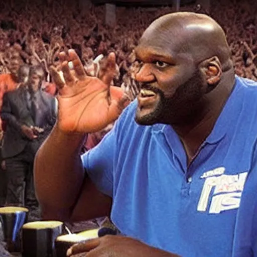 Prompt: shaquille o'neal speaking to a cult devoted to him