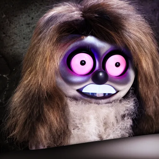 Prompt: a horrifying furby in the backrooms, dark hallways, flashlight, highly detailed, horror movie, photorealistic, 8k