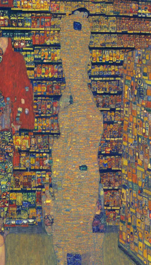 Prompt: bored employee in a supermarket by gustav klimt