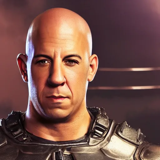 Image similar to highly detailed octane render of a close up portrait of Vin Diesel wearing a shirt and armour and screaming in a old school television