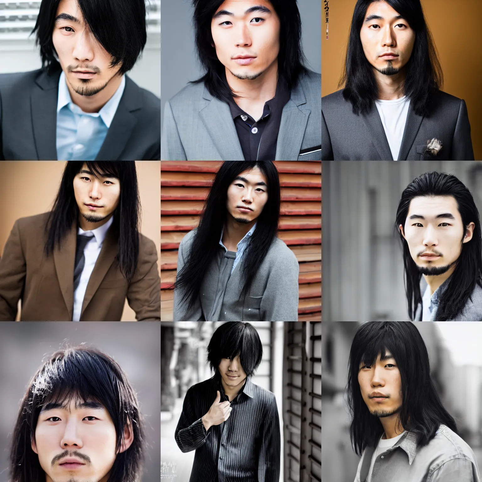 Prompt: a very handsome japanese guy with long black hair, sigma 8 5 mm, high quality, portrait photography