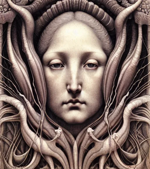 Prompt: detailed realistic beautiful conch goddess face portrait by jean delville, gustave dore, iris van herpen and marco mazzoni, art forms of nature by ernst haeckel, art nouveau, symbolist, visionary, gothic, neo - gothic, pre - raphaelite, fractal lace, intricate alien botanicals, ai biodiversity, surreality, hyperdetailed ultrasharp octane render