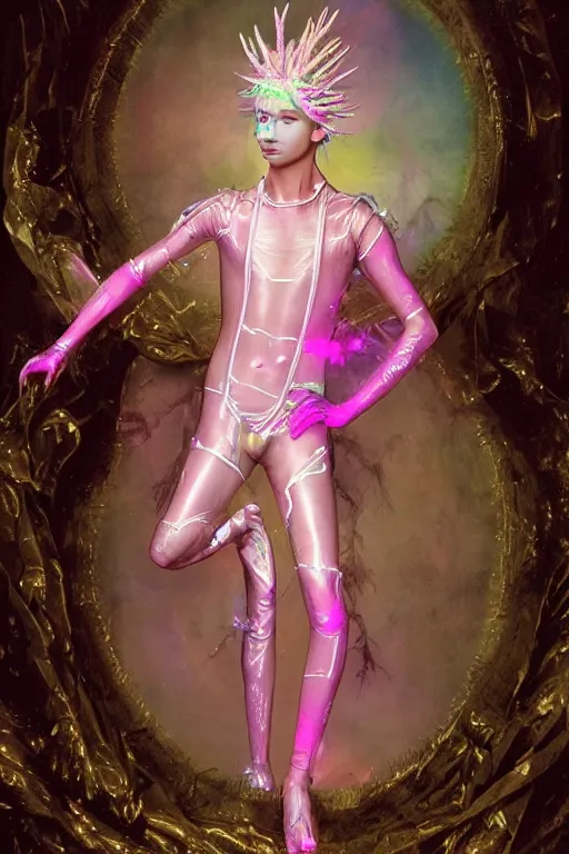 Prompt: full-body rococo and cyberpunk delicate neon crystalline sculpture of ((muscular slender albino prince Joe Jonas)) (((con la piroca dura))) as an iridescent humanoid deity wearing a thin see-through ((plastic hooded cloak)) sim roupa (holding a human skull), reclining con (((las piernas abiertas))), glowing pink face, crown of (white lasers), large diamonds, swirling black silk fabric. futuristic elements. oozing glowing liquid, full-length view. space robots. intricate artwork by caravaggio. Trending on artstation, octane render, cinematic lighting from the right, hyper realism, octane render, 8k, depth of field, 3D