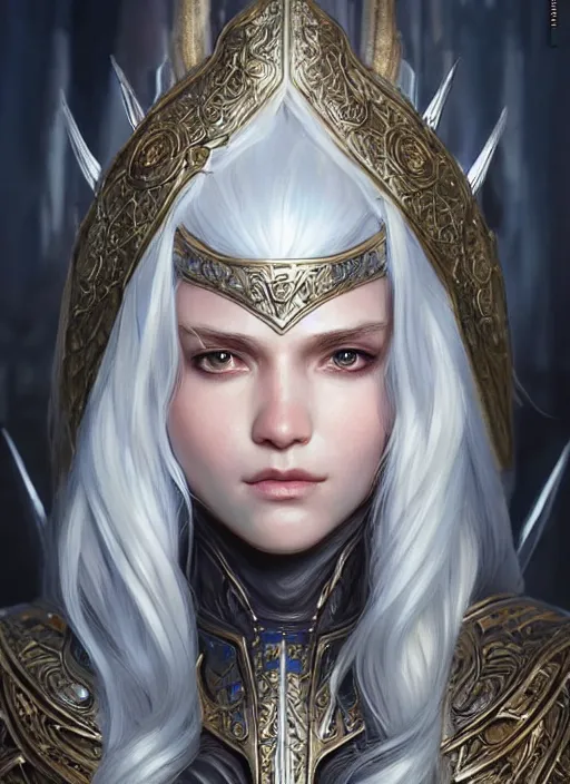 Image similar to light iridescent armor!!! long wild white hair!! covered chest!!! fantasy, d & d, intricate ornate details, digital painting, pretty face!!, symmetry, concept art, sharp focus, illustration, art by artgerm! greg rutkowski magali villeneuve wlop! ilya kuvshinov!!, octane render