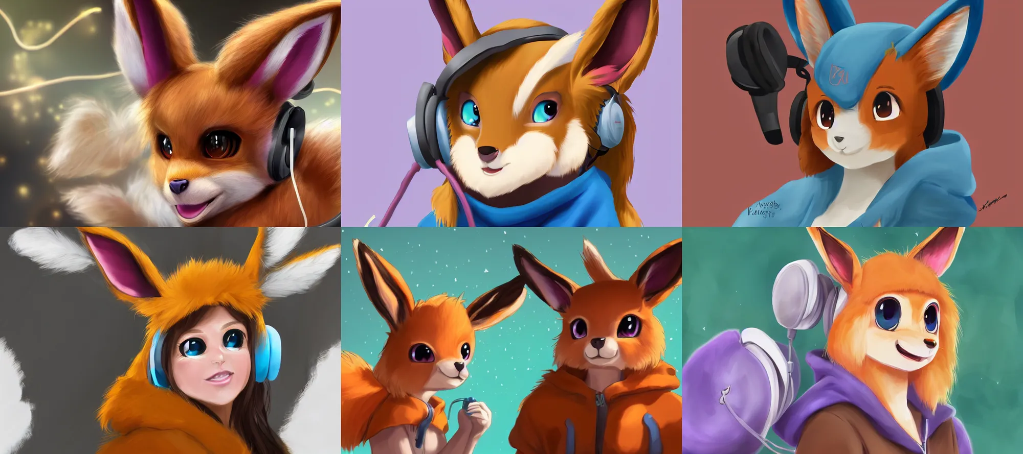 Prompt: high resolution digital painting of realistic female anthro eevee wearing a hoodie and headphones. eevee has a mane of soft synthetic fur and fox-like ears smiling