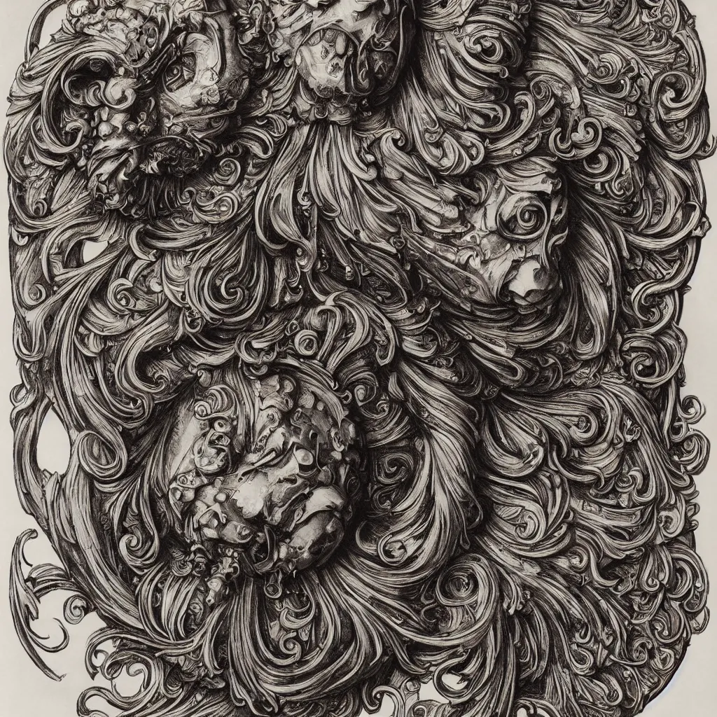 Prompt: beautiful ceremonial beast mask, classical ornamental design, fibonacci flow, acroteria, encarpus, shield emblem, large medium and small elements, by russ abbott, albrecht durer, artgerm, rutkowski