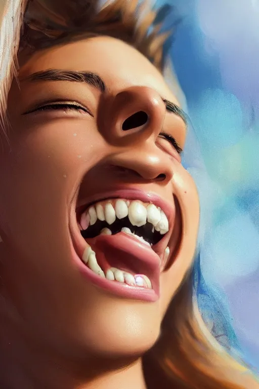 Image similar to a beautiful close up of a person's face with a big smile while they're doing something they love. hq. trending on artstation