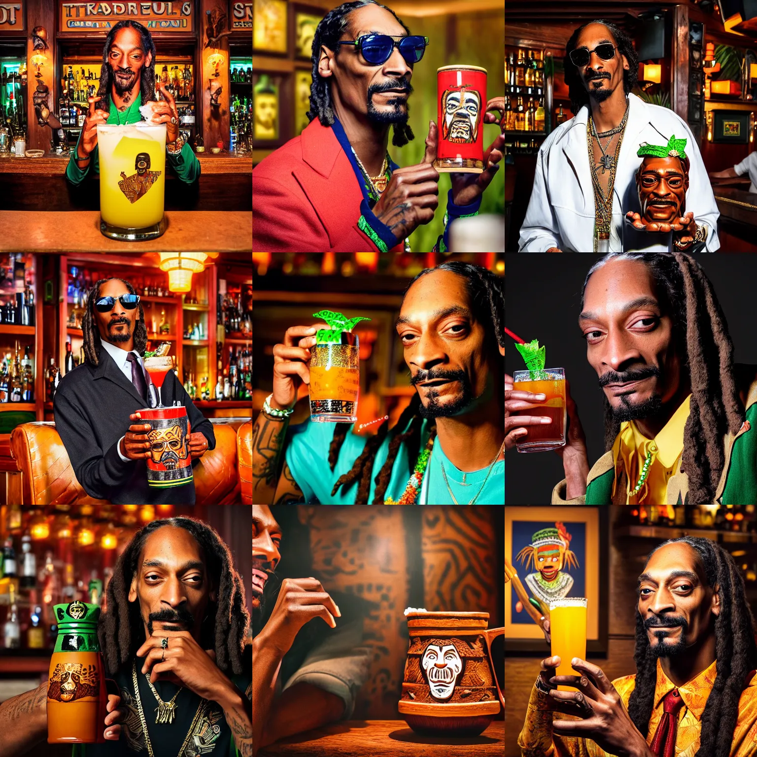 Image similar to a closeup photorealistic photograph of snoop dogg at trader vic's bar holding a tiki mug with his face on it. brightly lit scene. this 4 k hd image is trending on artstation, featured on behance, well - rendered, extra crisp, features intricate detail, epic composition and the style of unreal engine.