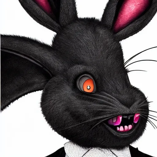 Image similar to A extremely highly detailed majestic hi-res beautiful, highly detailed head and shoulders portrait of a scary terrifying, horrifying, creepy black cartoon rabbit with scary big eyes, earing a shirt laughing in the style of Walt Disney