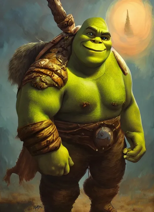 Image similar to dramatic oil painting of shrek as thrall from world of warcraft, artstation, shrek, epic, dramatic,