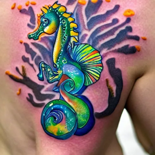 Prompt: photo of a shoulder tattoo of a trippy seahorse surrounded by multicolored seashells and corals, very detailed