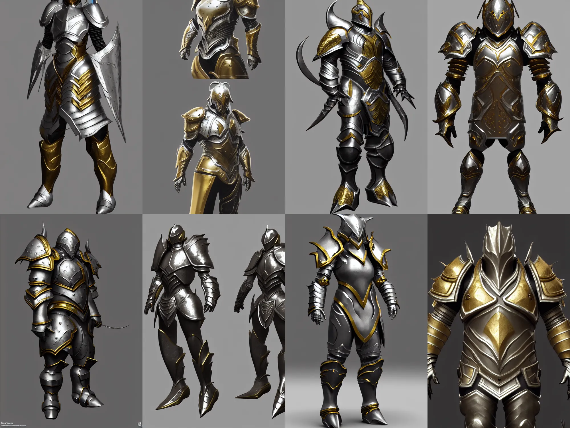 Prompt: render of heavy fantasy armor, silver with gold trim, extremely clean, awesome, exaggerated proportions, trending on Artstation, fantasy character concept, HD Octane character render, 8K