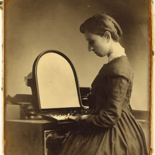 Prompt: a daguerrotype photo of a woman using a game computer, award winning photo