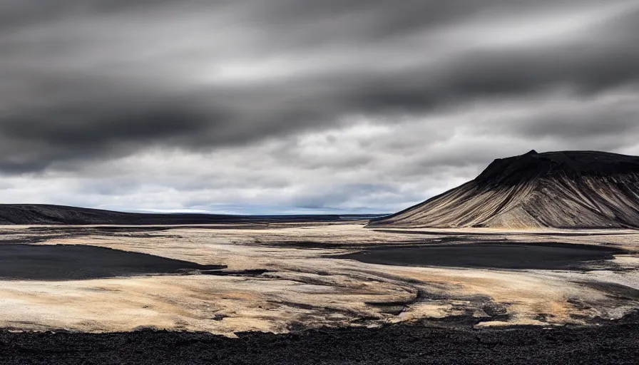 Prompt: a vast icelandic landscape, black sands and cream colored menhirs, cloudy sky, dust particles, cinematic lighting, behance hd, trending on artstation, national geographic photography, digital painting, matte painting