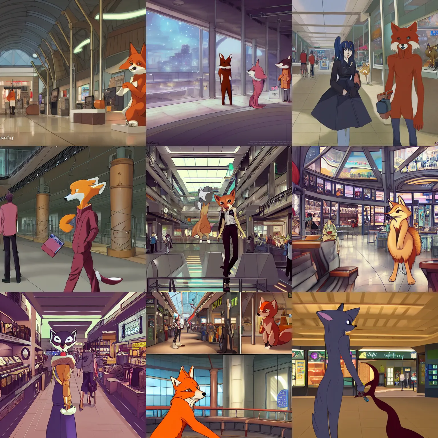 Prompt: an anthropomorphic furry fox shopping at a futuristic mall, photorealistic, anime, makoto shinkai, james gurney, don bluth!!!, hibbary, dark natasha, goldenwolf, furaffinity