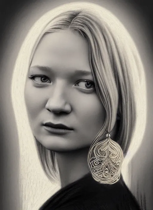 Image similar to a pencil drawing portrait of mia wasikowska with blonde hair, beautiful face, in a dress, jewelry, greek, intricate, headshot, highly detailed, drawn with pencil, black and white, artstation, concept art, sharp focus, cinematic lighting, illustration, art by artgerm and greg rutkowski, alphonse mucha, cgsociety