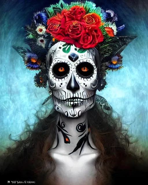 Image similar to dia de los muertos theme surrealist art in the styles of igor morski, jim warren, and a tim burton film, intricate, hyperrealistic, accurate facial details, profile picture with chromakey!!!!! background, volumetric lighting