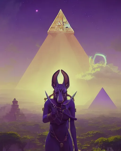 Prompt: highly detailed vfx portrait of anubis, pyramid behind, sky galaxy purple, unreal engine, greg rutkowski, loish, rhads, beeple, makoto shinkai and lois van baarle, ilya kuvshinov, rossdraws, tom bagshaw, alphonse mucha, global illumination, detailed and intricate environment