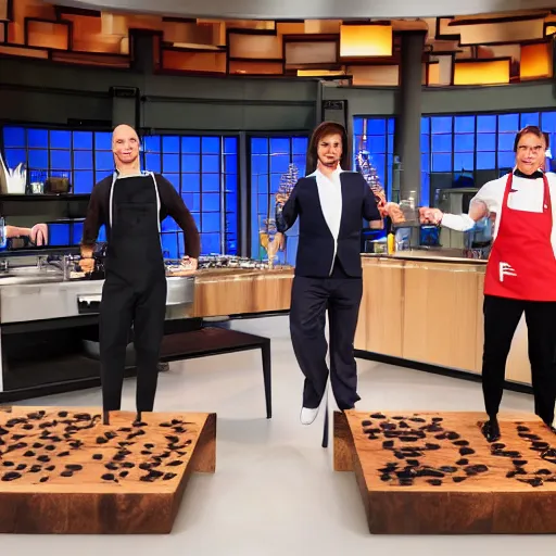 Prompt: anthropomorphic cats competing at masterchef TV show, studio shot