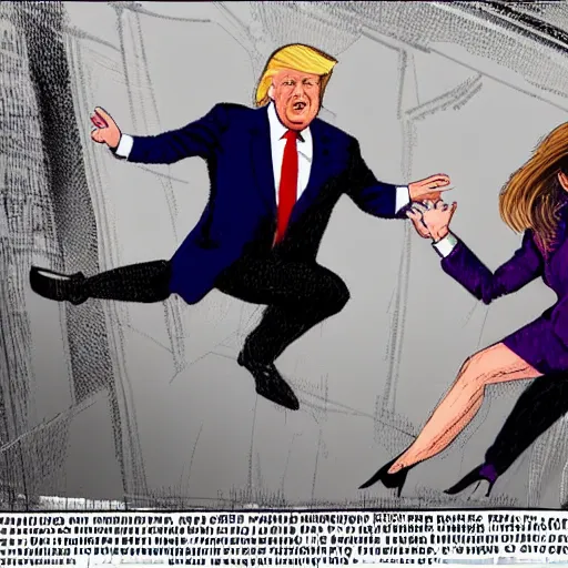 Image similar to an ultra detailed picture portrait of Donald Trump kicking Joe Biden and Kamala Harris out of the white house 8k, photorealistic, Smooth,