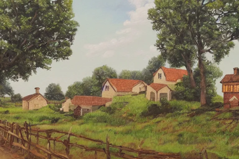 Prompt: painting of a wide shot of a rural countryside village in the style of carl valente