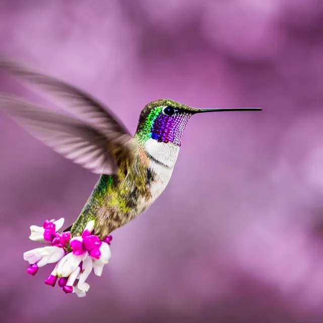 Prompt: macro shot of a purple hummingbird at a fuchsia cherry blossom on a snow covered mountain