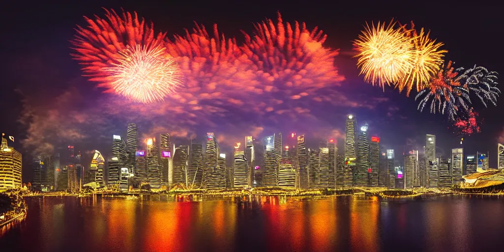 Image similar to Singapore city with a lion-shaped cloud in the sky and fireworks in the sky, by Studio Ghibli, red and white lighting, digital art, ultra realistic, ultra detailed, photorealistic, 4k, character concept