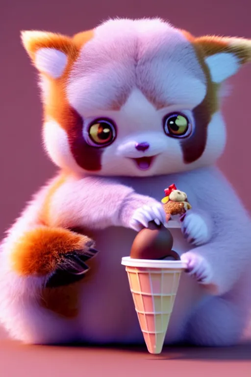 Image similar to high quality 3 d render hyperrealist very cute pastel fluffy! red panda & tarsier hybrid eating giant ice cream, vray smooth, in the style of detective pikachu, charlie immer, very dramatic light, low angle, uhd 8 k, shallow depth or field