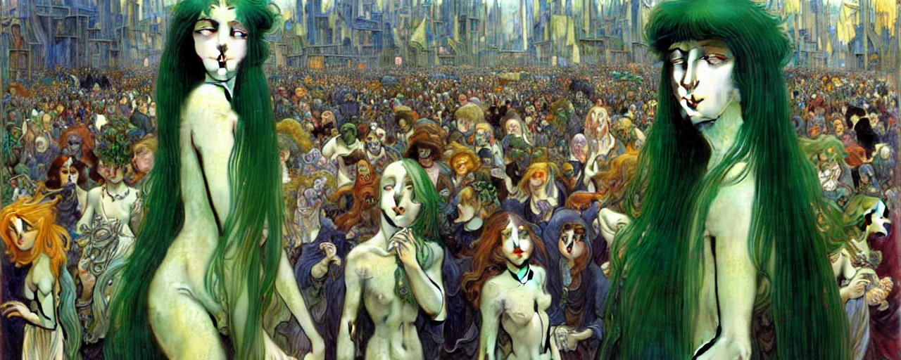 Image similar to realistic extremely detailed full height portrait painting of a ghost girl with green hair in a crowded sci-fi city street, very detailed crowd by Jean Delville, Amano, Yves Tanguy, Alphonse Mucha, Ernst Haeckel, Edward Robert Hughes, Roger Dean, rich moody colours, blue eyes