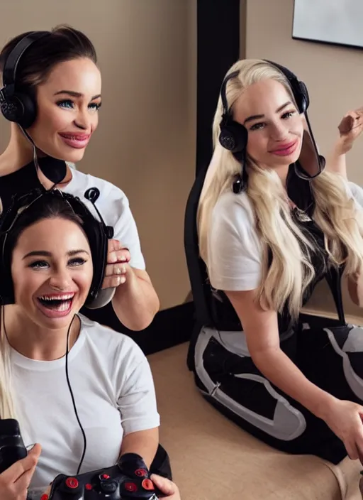 Prompt: portrait of lindsey pelas and emilia clarke wearing t shirt and headset while playing video games, by charlotte grimm, natural light, detailed face, canon eos c 3 0 0, ƒ 1. 8, 3 5 mm, 8 k, medium - format print, half body shot