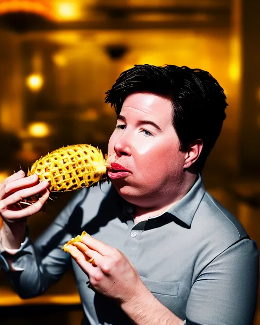 Image similar to Portrait of a drunk Michael Mcintyre eating a pineapple in a nightclub in Porto,real life skin, intricate, elegant, highly detailed, artstation, concept art, smooth, sharp focus, photo