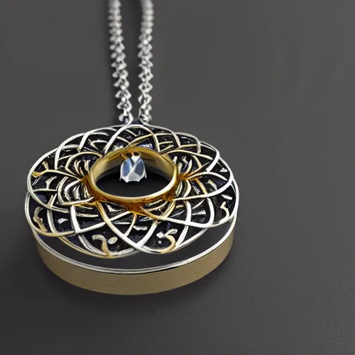 Image similar to intricate!! nordic ring and necklace and ear, silver and gold and diamond, isolated on a white background and a flower in the background, refraction, occlusion, filigree, lower and upper levels, keyshot render, octane render, vray render