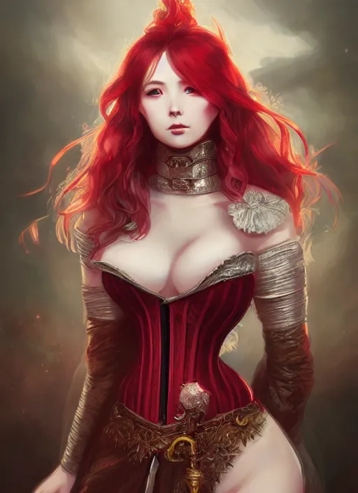 Prompt: daguerreotype of beautiful soreceress, skintight robes, corset, armor, white skin, red wild hair, high fantasy, dnd, highly detailed, smooth, sharp focus, illustration, by rossdraws, sakimichan, frank franzzeta, colorful