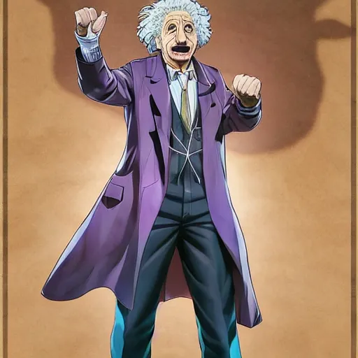 Image similar to Albert Einstein in Jojo\'s Bizarre Adventure, character art, Hirohiko Araki, masterpiece, beautiful, clean lines, dramatic pose, artstation, high detail face, high resolution scan, Hirohiko Araki, Hirohiko Araki, masterpiece