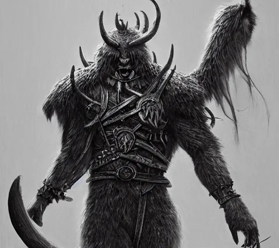 Prompt: beastman tribal warrior concept, beastly, furry, beksinski, wayne barlowe, adrian smith fantasy art, the hobbit art, lord of the ring art, the witcher concept art, trending on artstation, game of throne art