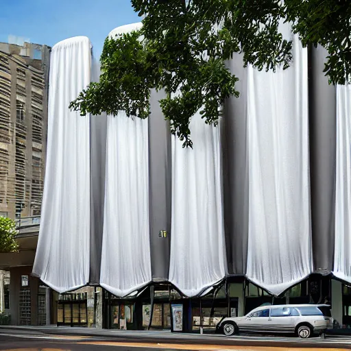 Prompt: hyperrealstic photo of a futuristic timber building in an urban setting. the building has many balconies with hanging plants. parts of the building are wrapped in billowing fabric tarps. the fabric tarps are transatlant mesh with large holes for balconies and windows. the fabric hangs from metal scaffolding, 8 k