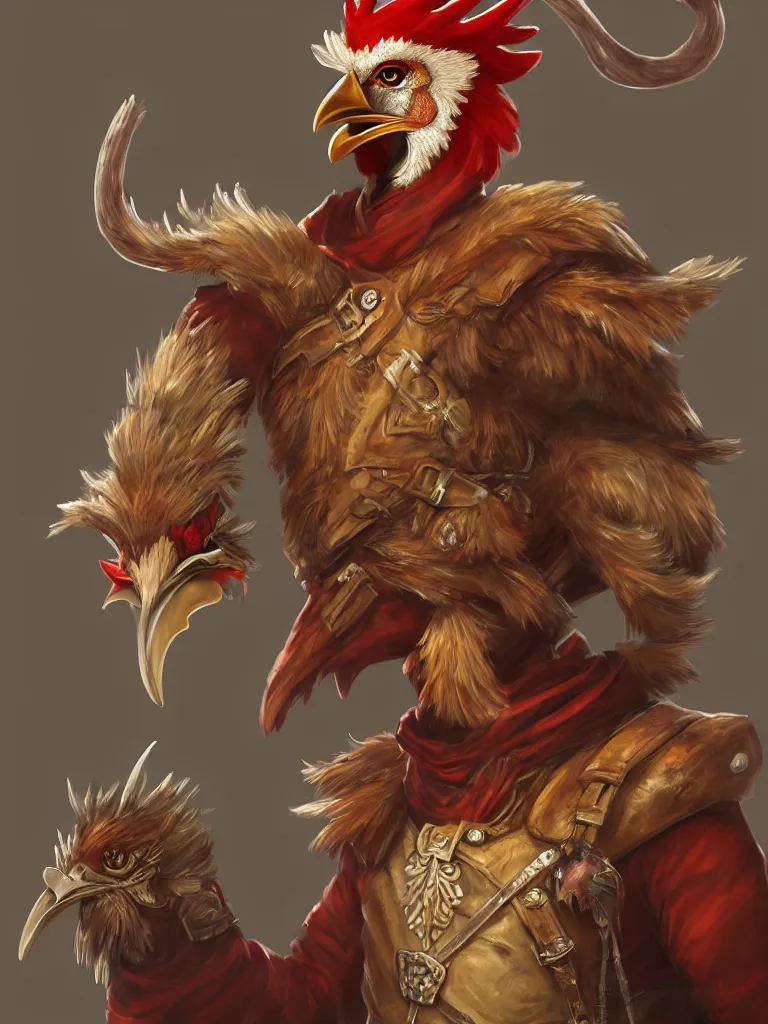 Image similar to portrait of an anthropomorphic rooster man dressed as a fantasy ranger by alex horely orlandelli, fantasy, artstation, d & d, smooth, illustration