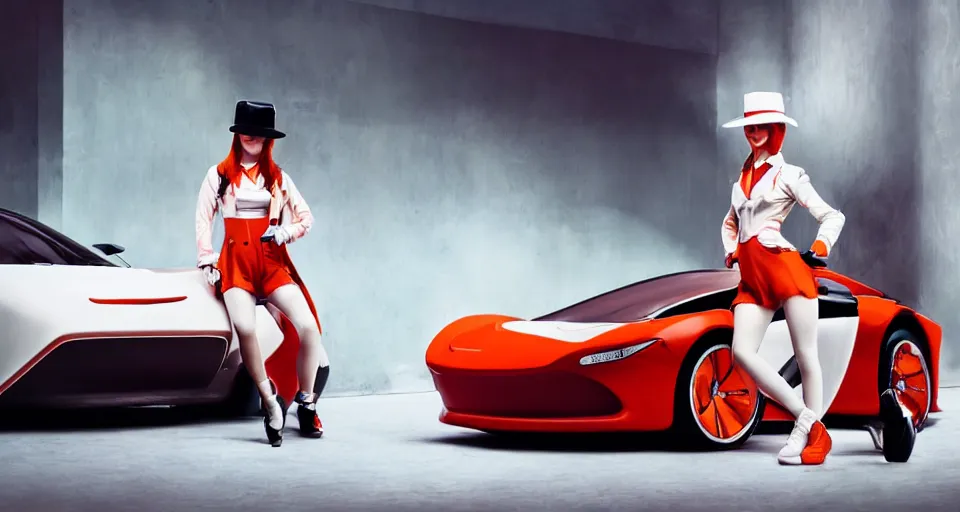 Image similar to a portrait of a female clockwork orange droog gang member, designed by artgerm and a red pininfarina sportscar in the background hdr, 8 k, hyperrealistic, volumetric lighting