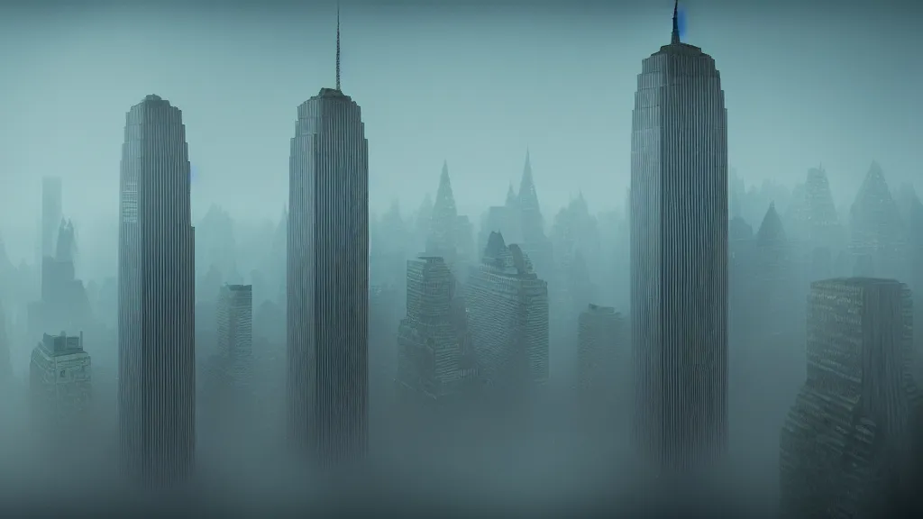 Image similar to Hulk sized Obama towers over a foggy Manhattan; render by Beeple, 4K; unreal, epic scene; ominous; bizarre world; odd world