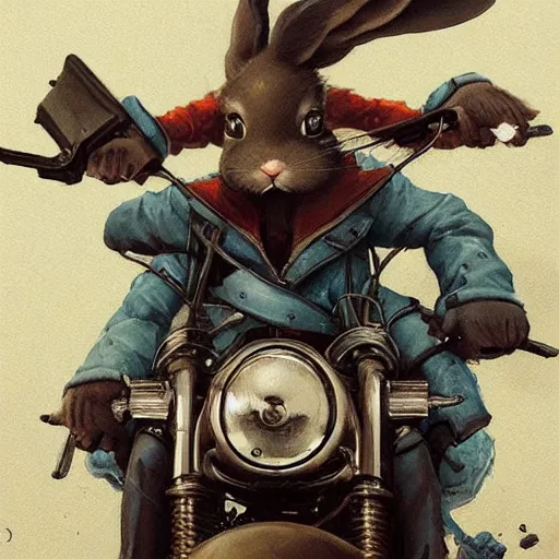 Image similar to bunny wearing a leather jacket riding a motorbike during sakura season on a blood moon, by peter mohrbacher, james jean, wlop, greg rutkowski, rule of thirds, dynamic pose, action pose, beautiful landscape