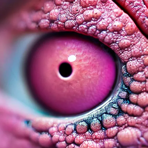 Image similar to a close up of a pink animal's eye, a macro photograph by Otto Pilny, featured on zbrush central, pop surrealism, macro photography, macro lens, trypophobia