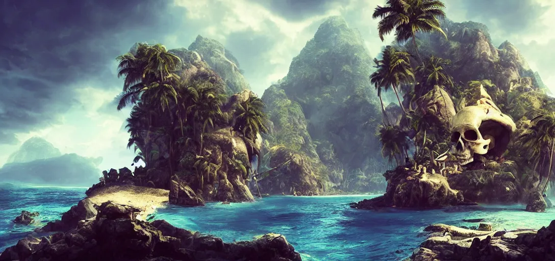 Image similar to a tropical pirate Island with white beach, palm trees and a cave in Form of a skull carved in a Mountain, dramatic lighting, cinematic, establishing shot, extremly high detail, photo realistic, cinematic lighting, post processed, concept art, artstation, matte painting, style by eddie mendoza, raphael lacoste, alex ross