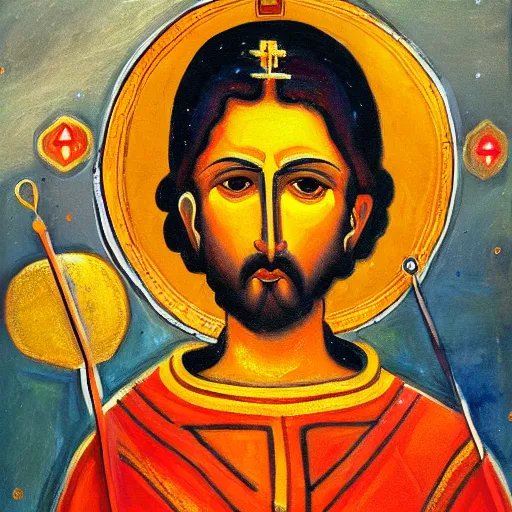 Prompt: a painting of saint javelin of ukraine