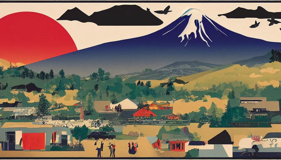 Image similar to award winning graphic design poster, cutouts constructing an contemporary art depicting a lone mount fuji and hills, rural splendor, and bullet train, isolated on white, and bountiful crafts, local foods, edgy and eccentric mixed media painting by Leslie David for juxtapose magazine