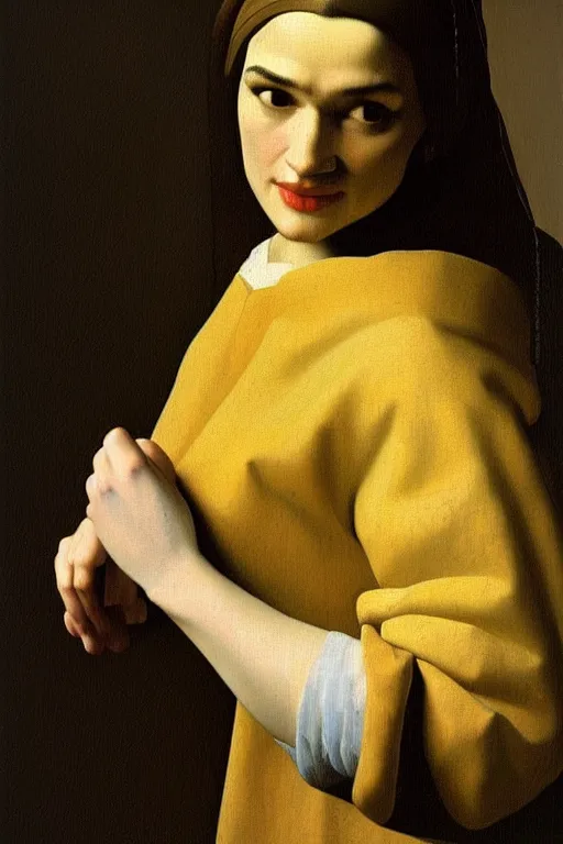 Image similar to johannes vermeer portrait of rachel weisz, beautiful oil portrait painting, wonderful masterpiece highly detailed, smooth, sharp focus, dramatic illumination, ultra realistic