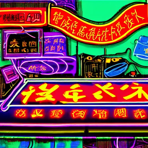 Prompt: chinese surgery operating table, in the style of daniel johnston and outsider art, 8k, line brush, overlaid with traditional chinese neon adverts