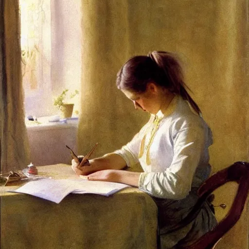 Prompt: a teenage girl with a ponytail is writing a letter with a golden feather pen, by anders zorn, oil painting