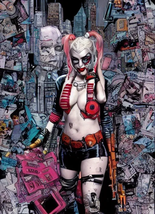 Image similar to a dream portrait of cyberpunk Harley Quinn in post apocalyptic Gotham art by Paul Dini, Travis Charest, Simon Bisley, centered in frame