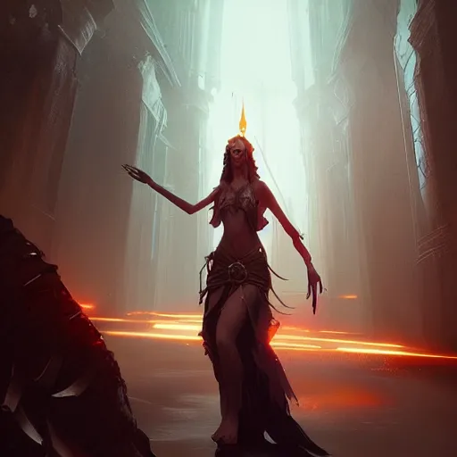 Image similar to high fantasy sorceress designed by Greg rutkowski, concept art, fantasy, 4k, CG render
