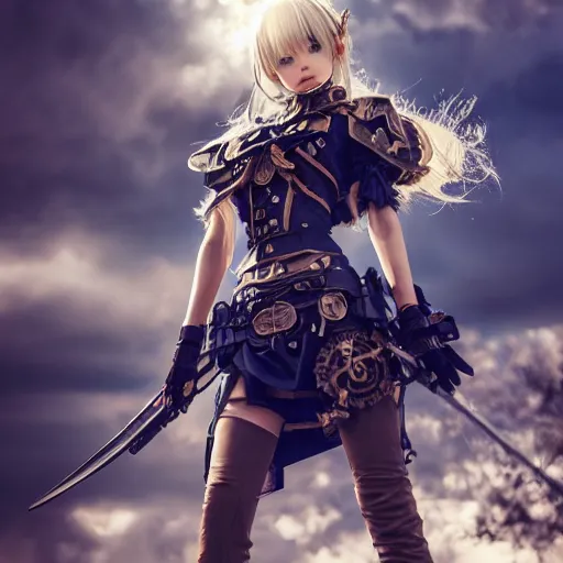 Prompt: anime girl with steampunk armor and weapons posing, finely detailed, epic, cinematic lighting, beautiful, clouds, sky, sunny, grass, trees, sharp focus,